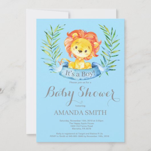 Boy Lion Baby shower Invitation Blue en Grey Kaart (Voorkant)