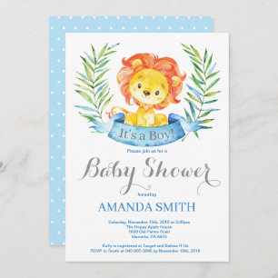 Boy Lion Baby shower Invitation Blue en Grey Kaart