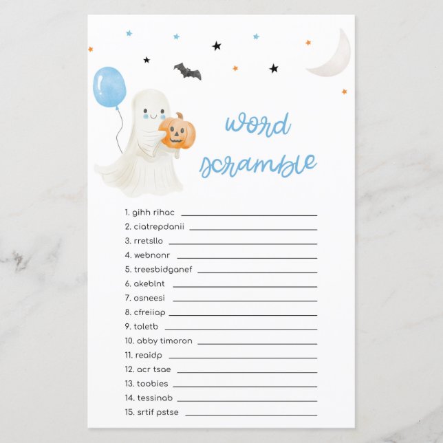 Boy Little Boo Halloween Word Scramble spel (Voorkant)