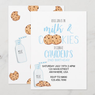 Boy Milk and Cookies Blue Birthday Invitation Kaart