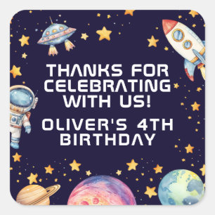 Boy Modern Space Rocket Ship Verjaardagsfeest Favo Vierkante Sticker