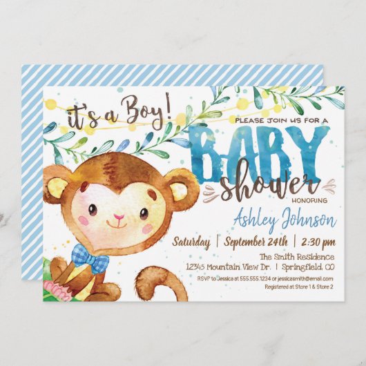 Boy Monkey Baby shower uitnodiging (Voorkant / Achterkant)