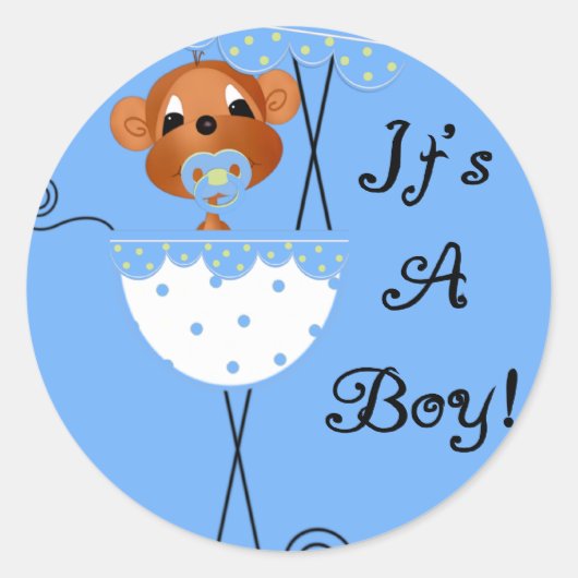 Boy Monkey in Carriage Het is een Boy Kaarten Ronde Sticker (Voorkant)