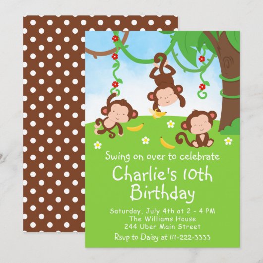 Boy Monkeys Birthday Party Invitation Kaart (Voorkant / Achterkant)
