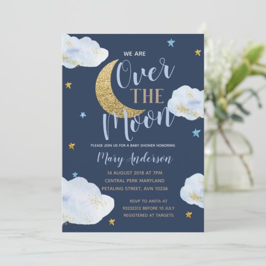 Boy Moon Lila blauw en goud Baby shower Kaart (Staand voorkant)