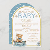 Boy Nautical Bear In A Boat Baby Shower Invitation Kaart (Voorkant / Achterkant)