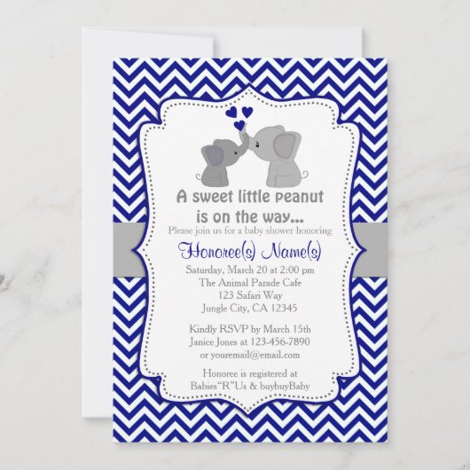 Boy Navy Elephant Baby Shower Invitations Chev 366 (Devant)