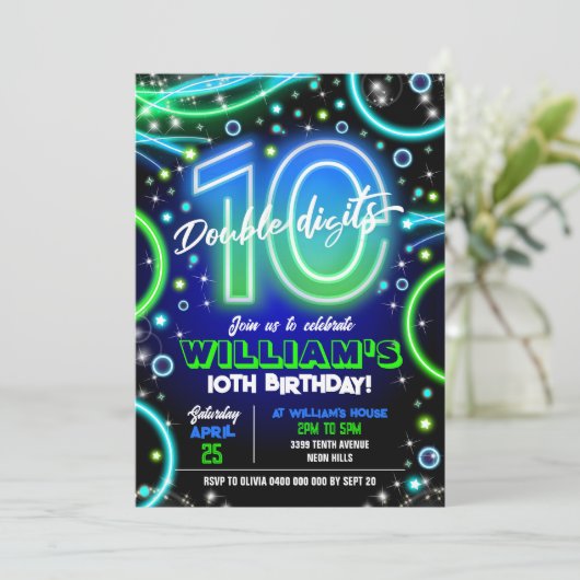 Boy Neon 10e anniversaire Invitation Double chiffr (Debout devant)