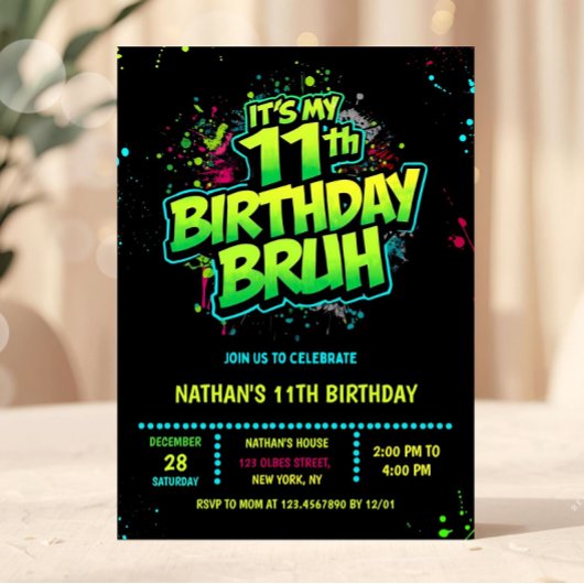 Boy Neon 11th Birthday Invitation Graffiti Style Kaart