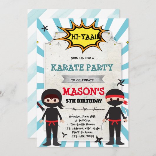 Boy ninja karate invitation fête d'anniversaire (Devant / Derrière)
