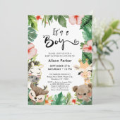 Boy Oerwoud Safari Tropisch groen Baby shower Kaart (Staand voorkant)
