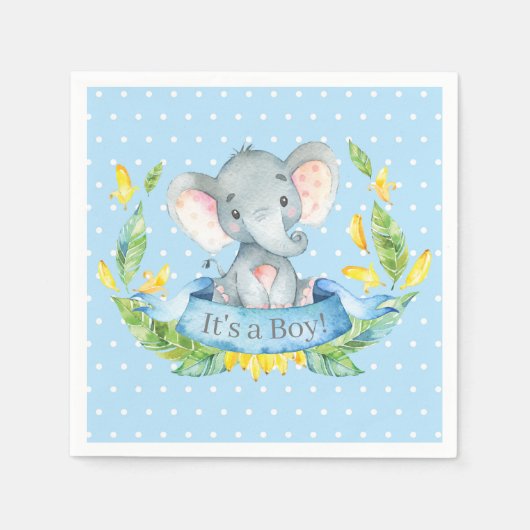 Boy Olifant Baby shower Blauwe servetten (Voorkant)