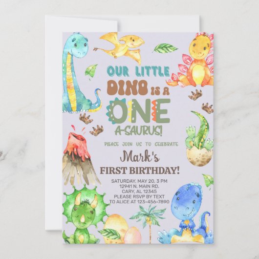 Boy ONE-A-SAURUS 1e verjaardag uitnodiging. Kaart (Voorkant)