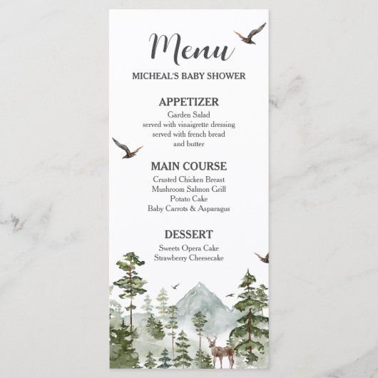 Boy Pine Tree Forest Mountain Baby shower Menu (Devant)