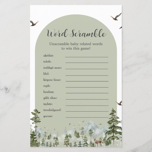 Boy Pine Tree Forest Mountain Word Scramble spel (Voorkant)