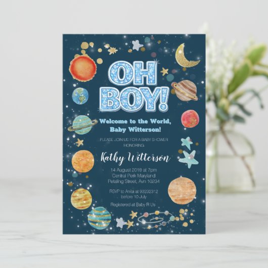 Boy Planets Outer Space Baby Shower Invitation (Debout devant)