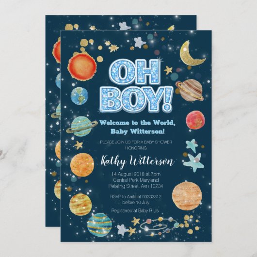 Boy Planets Outer Space Baby Shower Invitation (Devant / Derrière)