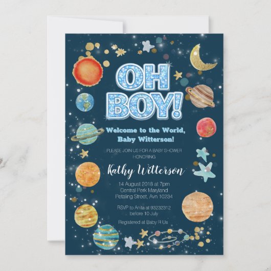Boy Planets Outer Space Baby Shower Invitation Kaart (Voorkant)