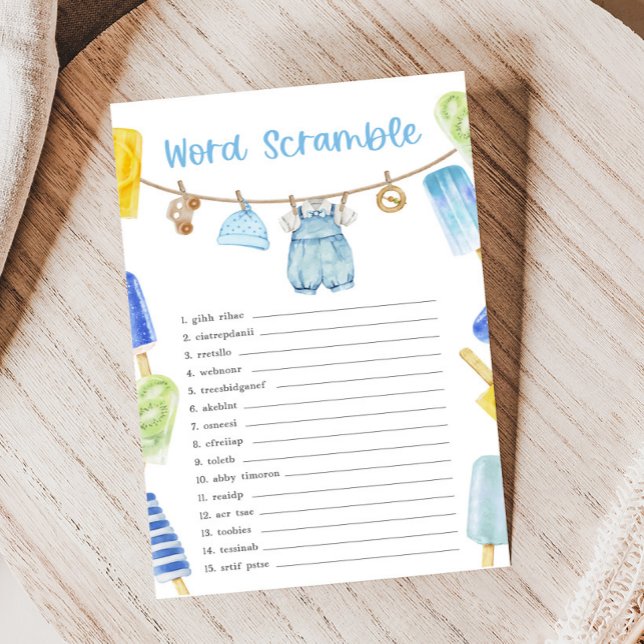 Boy Popsicle Baby Shower Word Scramble Game (Ready to Pop Popsicle Baby Shower Game)
