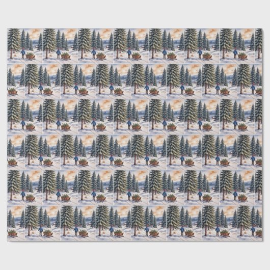 Boy Pulling a Sled With Christmas Evergreen Boughs Cadeaupapier (Vlak)