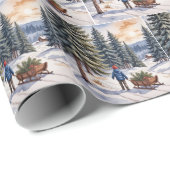 Boy Pulling a Sled With Christmas Evergreen Boughs Cadeaupapier (Rol Hoek)