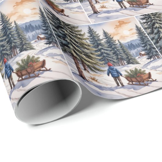 Boy Pulling a Sled With Christmas Evergreen Boughs Cadeaupapier (Rol Hoek)