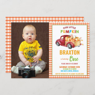 Boy Pumpkin 1st Birthday Party Red Truck Photo Kaart