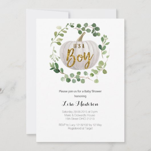 BOY Pumpkin Baby shower Invitation Kaart (Voorkant)