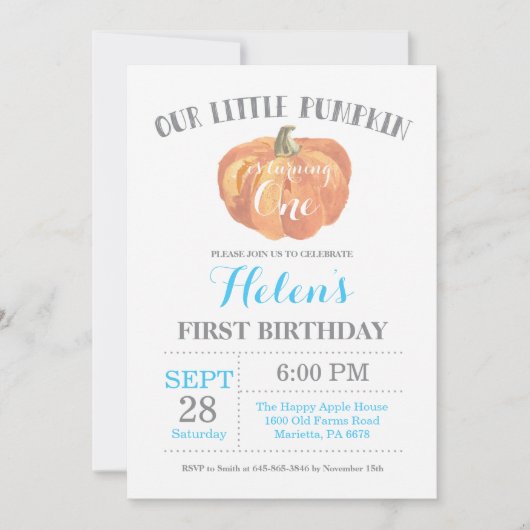Boy Pumpkin First Birthday Invitation Blue Kaart (Voorkant)