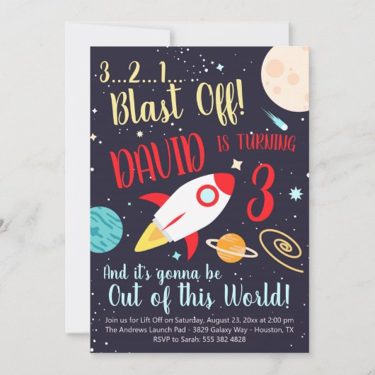 Boy Rocket Ship Outer Space Invitation d'anniversa (Devant)