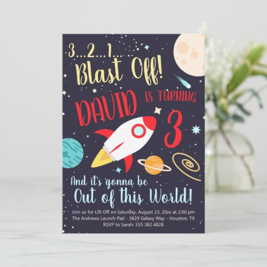Boy Rocket Ship Outer Space Invitation d'anniversa (Debout devant)