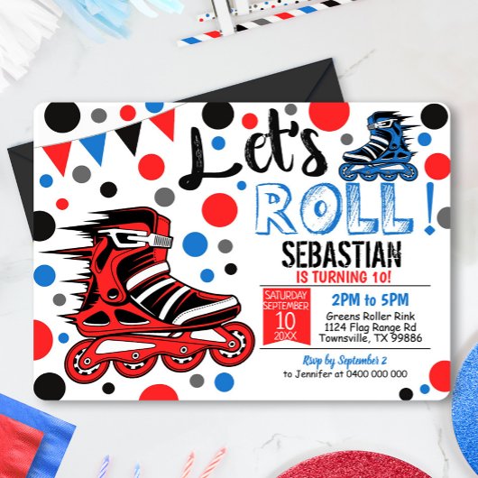 Boy Rollerblade Invitation Roller Blade Party Red Kaart