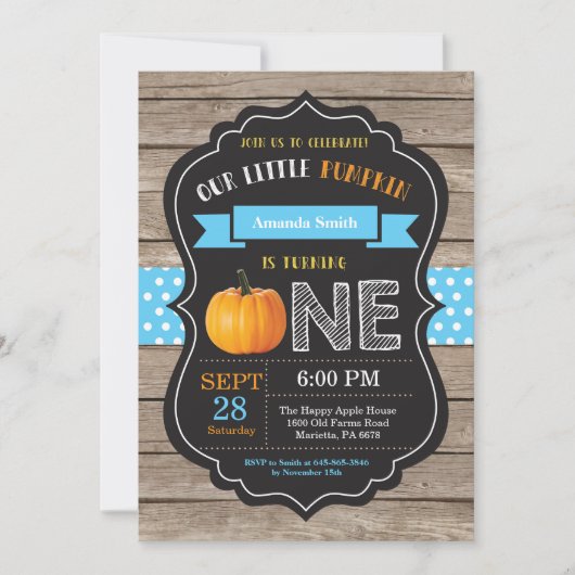 Boy Rustic Pumpkin First Birthday Invitation Kaart (Voorkant)