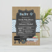 Boy rustieke familie Baby Q douche uitnodiging (Staand voorkant)
