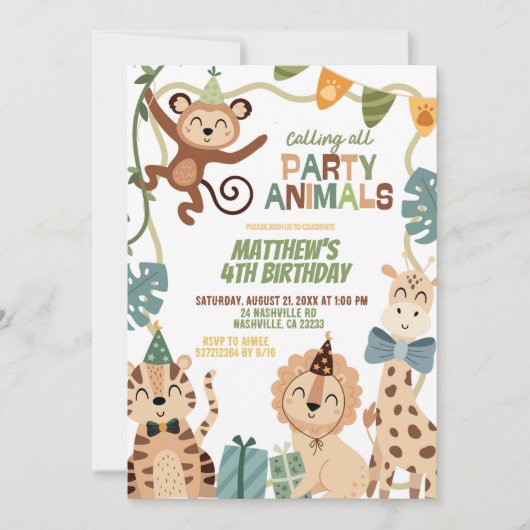 Boy Safari Birthday party animals invitation (Devant)