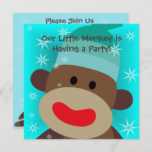 Boy Sock Monkey Birthday Uitnodiging (Voorkant / Achterkant)