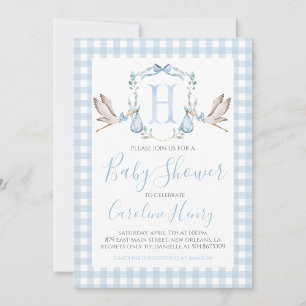 Boy Stork Baby shower Preppy Gingham Blue Kaart