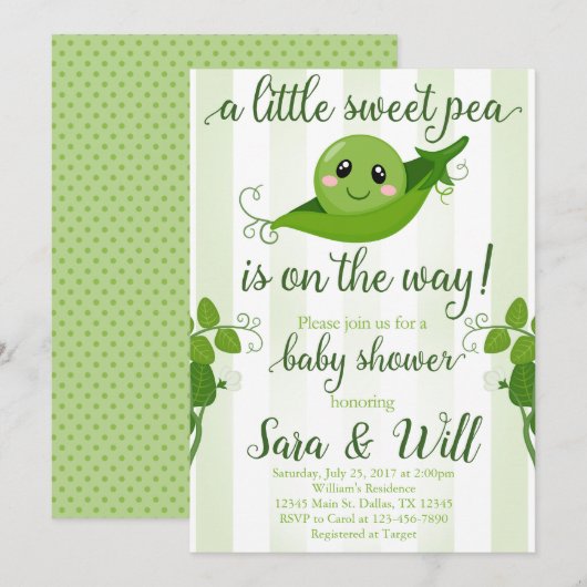 Boy Sweet Pea Pod Baby shower Invitation Invitatio (Devant / Derrière)