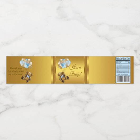 Boy Teddy Bear Balloon Baby shower Waterfles Etiket (Enkel label)