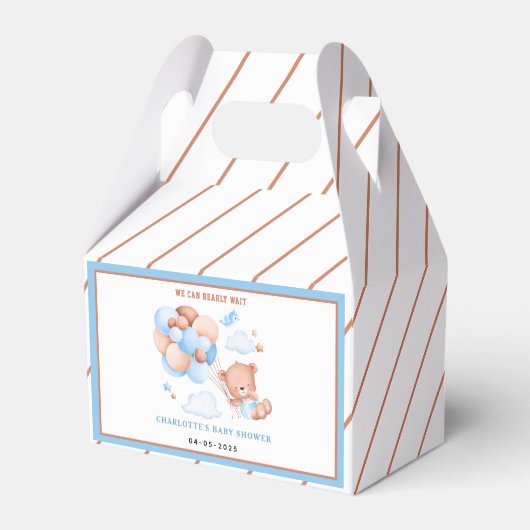 Boy Teddy Bear “We Can Bearly Wait” Baby Shower Bedankdoosjes (Voorkant Zijde)