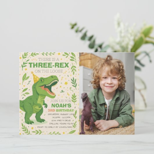 Boy Three-Rex Dinosaur Birthday Photo Kaart (Staand voorkant)