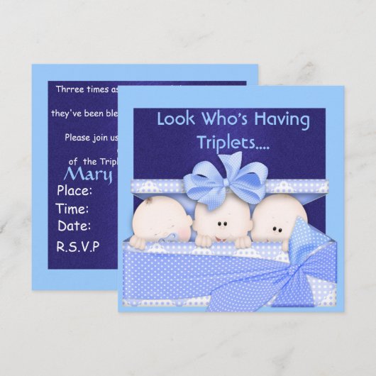 BOY TRIPLETS BABY SHOWER INVITATION KAART (Voorkant / Achterkant)