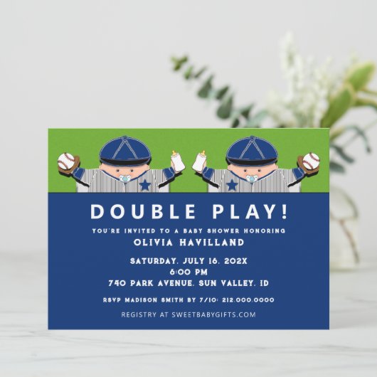 Boy Twins Baseball Baby Shower Invitations (Debout devant)