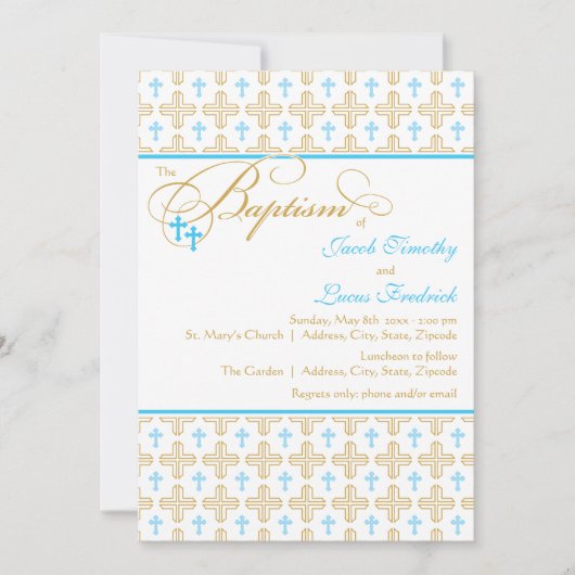 Boy Twins Cross Pattern Baptism Invitation Kaart (Voorkant)