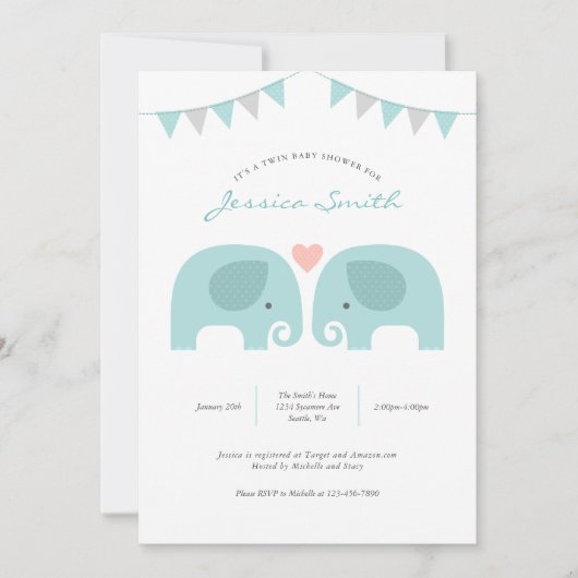 Boy Twins Elephant Baby shower Invitation Kaart (Voorkant)