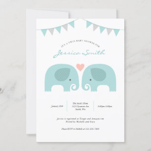 Boy Twins Elephant Baby shower Invitation Kaart