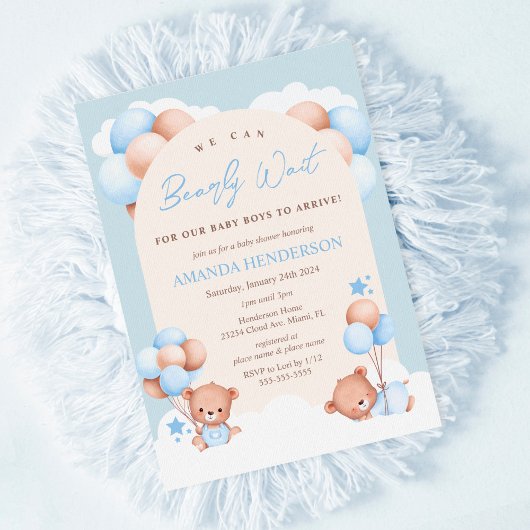 Boy Twins Teddy Bear Baby shower Invitation
