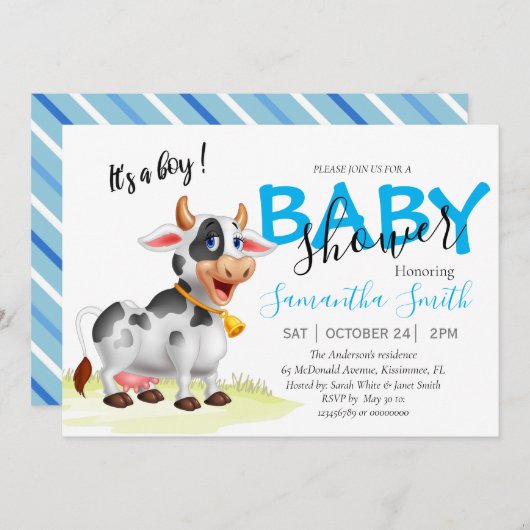Boy vache Baby shower Blue Invitation (Devant / Derrière)