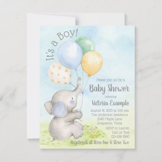 Boy Watercolor Elephant Baby Shower Invitations (Devant)