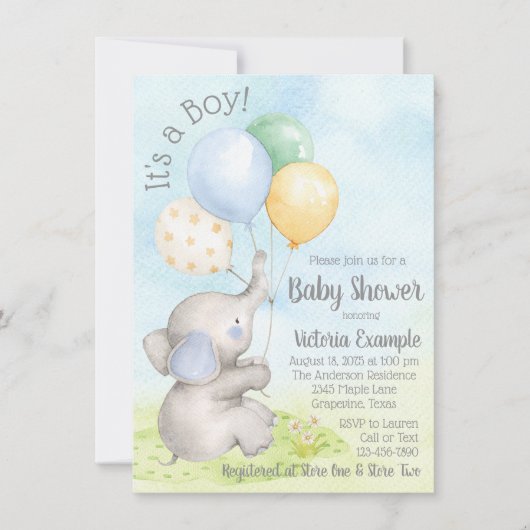 Boy Watercolor Elephant Baby Shower Invitations (Devant)